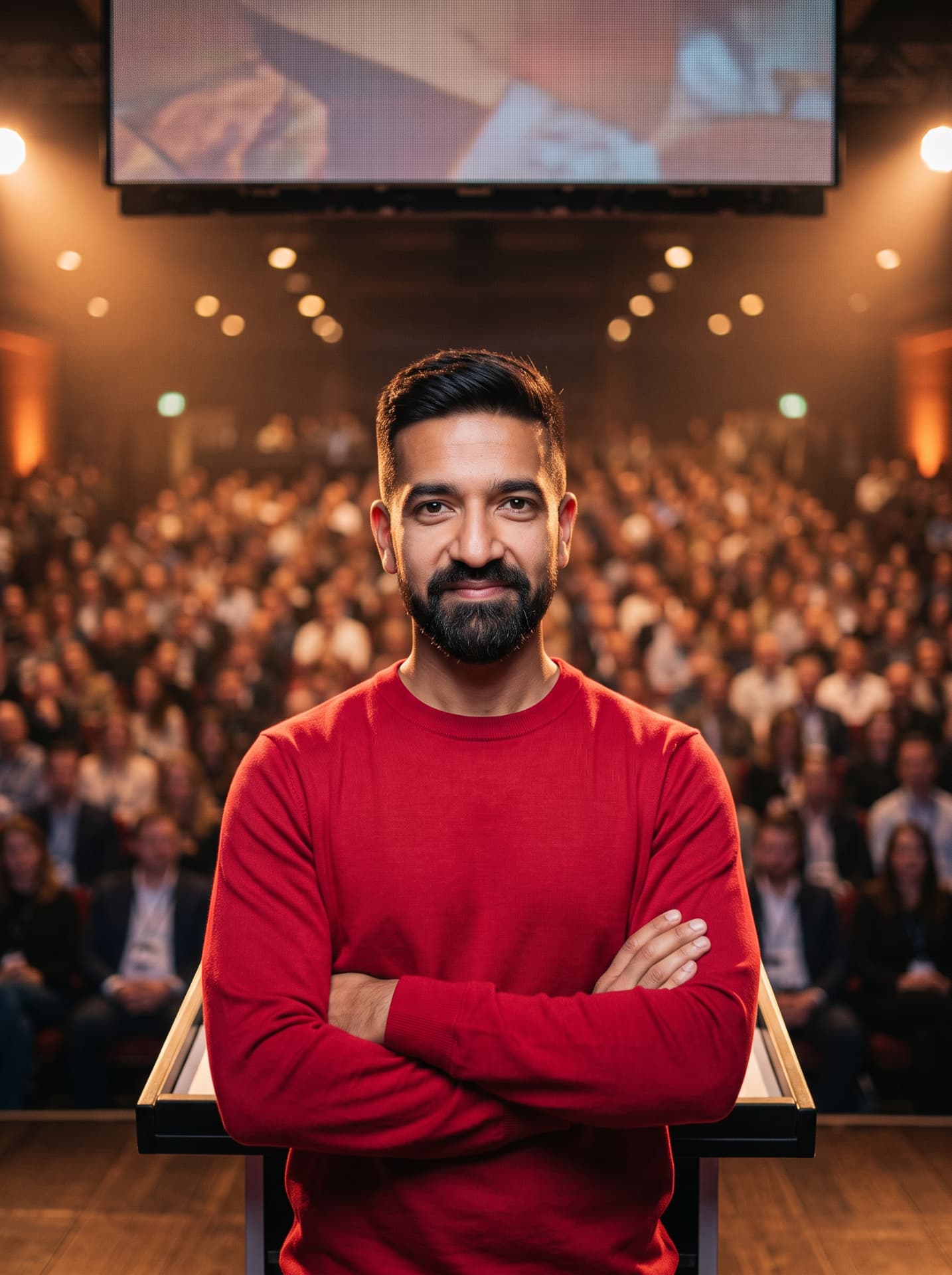 Faheem Chaudhry in a red top on stage with an audience behind him